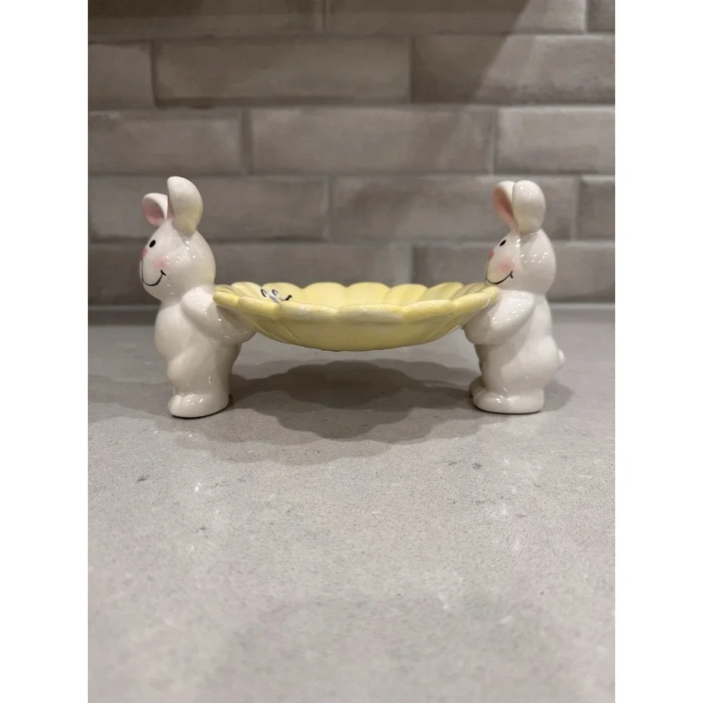🐰 Vintage Easter Bunny Double Figurine Candy Dish – Spring Flower Bowl Decor